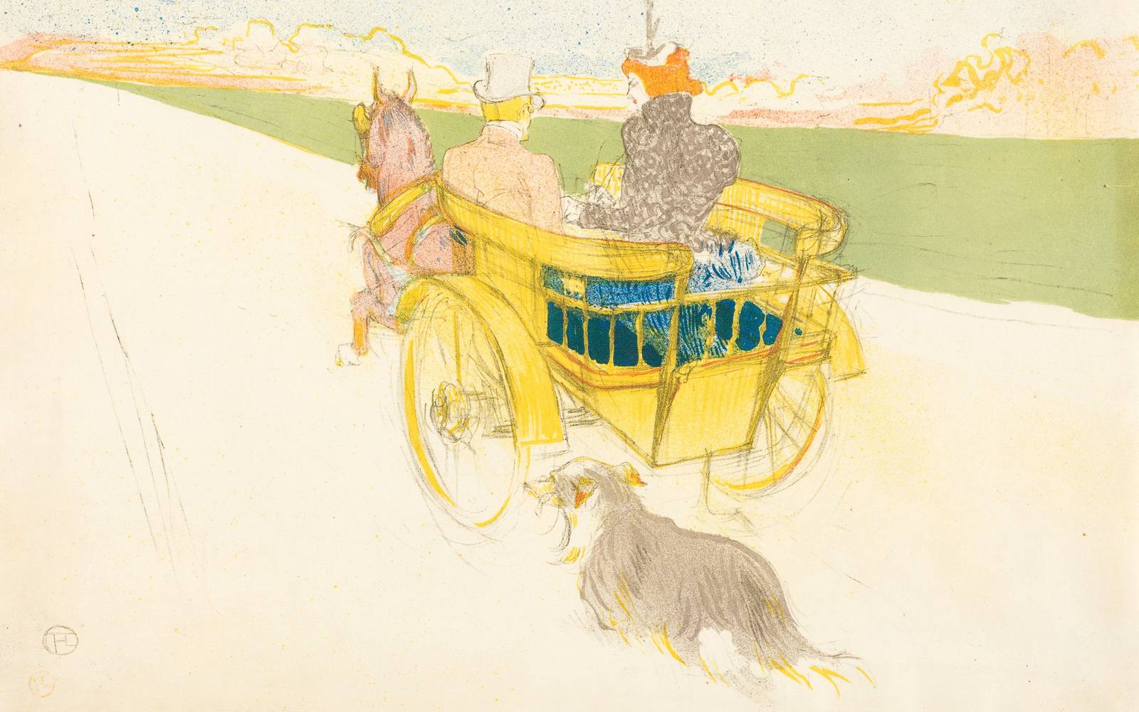 A color print of two people driving off in a yellow cart along an empty road, seen from behind, with a shaggy dog running to keep up.