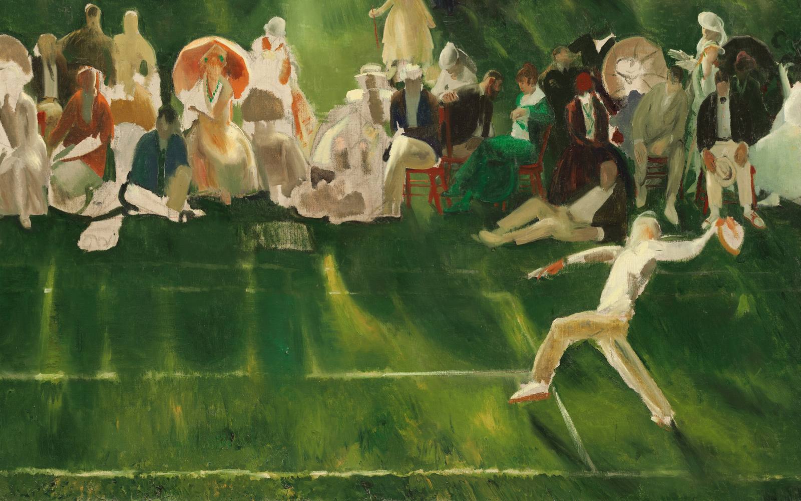 A painting of a tennis match on a lawn. One player in white lunges at full stretch, and a crowd on chairs at the court’s edge looks on.