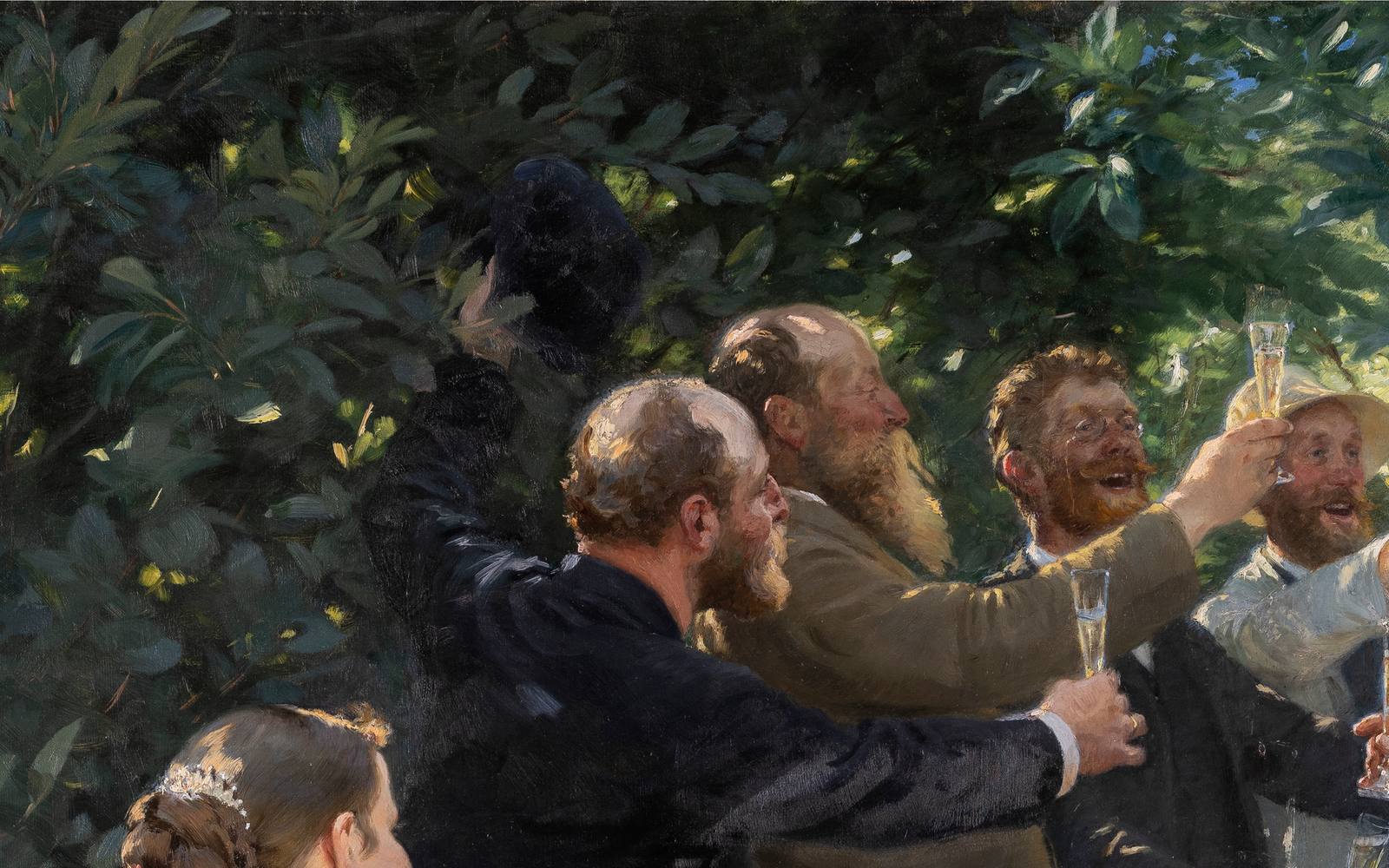 A painting of a garden party: men on their feet under the trees, glasses raised in a toast, two of them laughing out loud.