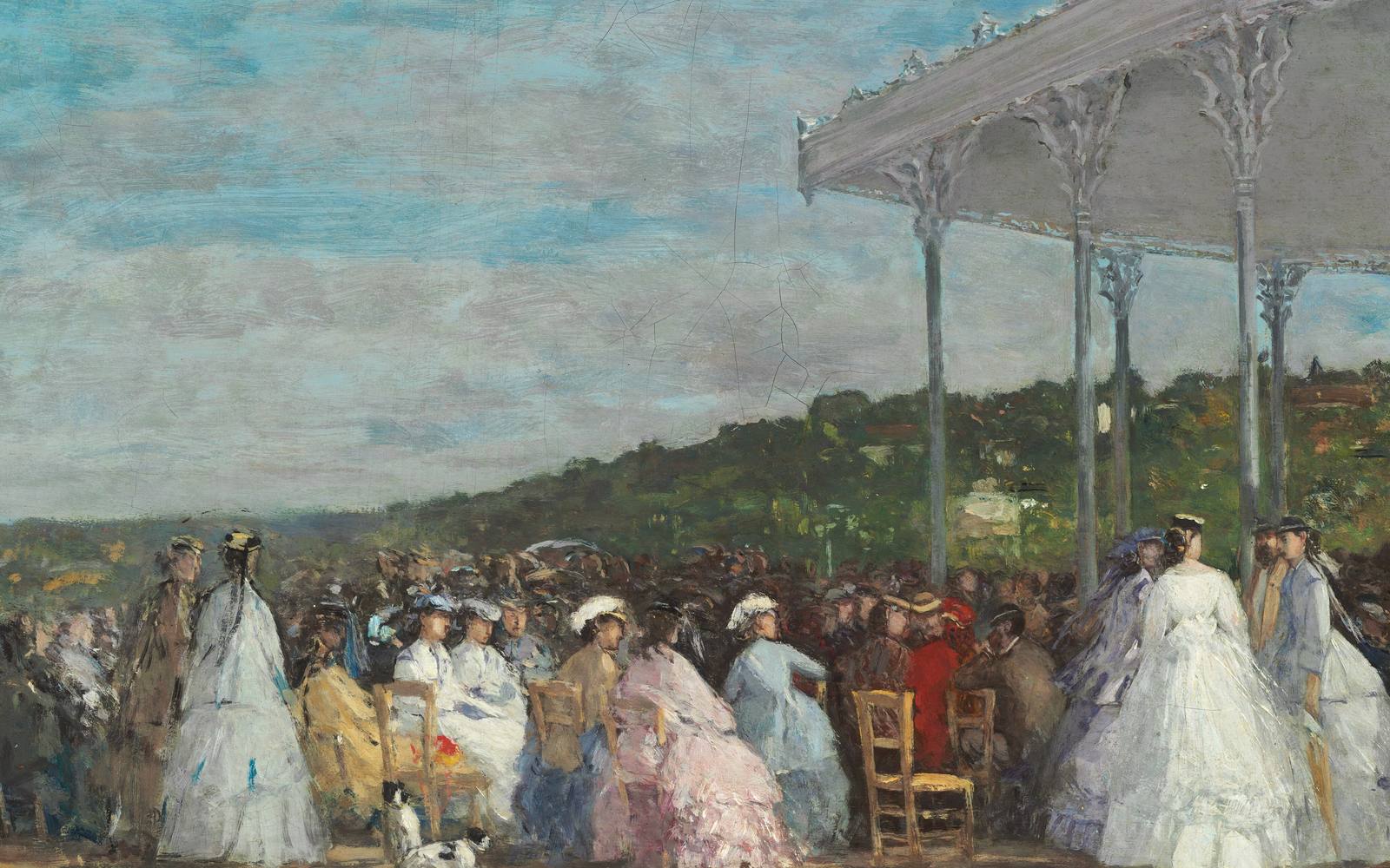 A painting of a summer crowd at an open-air concert under a wide sky. In the front row women in pale summer dresses sit side by side on straw chairs, close together.